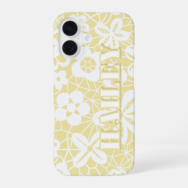 Pastel Yellow Lace Floral Personalized iPhone Case (Back)