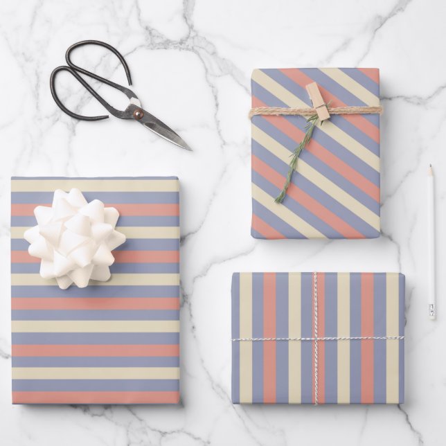 Pastel yellow, orange and blue stripes wrapping paper sheet (Front)