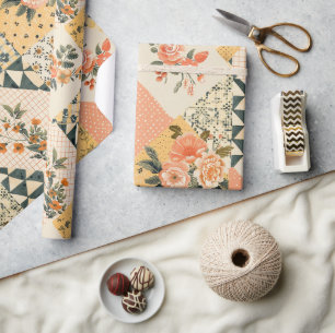 Pastel Yellow Peach Quilt Gingham Polka Dot  Wrapping Paper