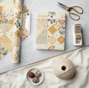 Pastel Yellow Peach Quilt Gingham Polka Dot  Wrapping Paper