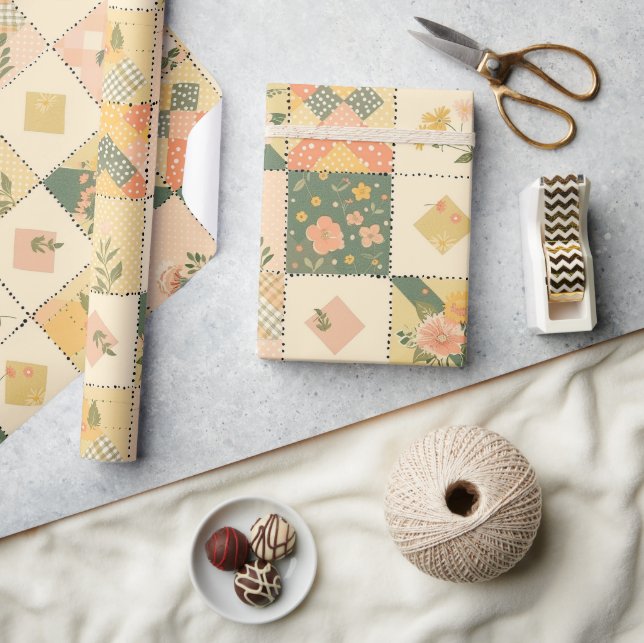Pastel Yellow Peach Quilt Gingham Polka Dot  Wrapping Paper (Crafts)