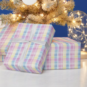 Pastel Yellow Pink and Blue Linen Gingham Wrapping Paper