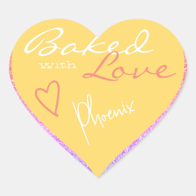Pastel Yellow Pink Glitter Baked with Love Heart Heart Sticker (Front)