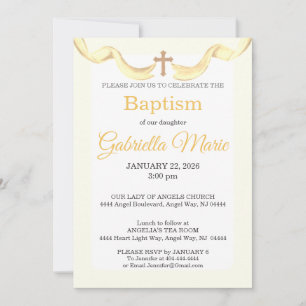Pastel Yellow Ribbon Cross Watercolor Baptism Invitation