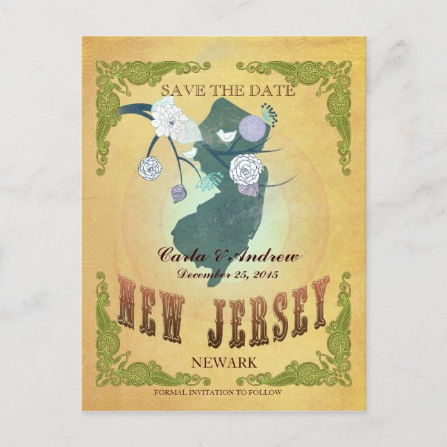 Pastel Yellow Save The Date -Map With Lovely Birds Announcement Postcard (Front)