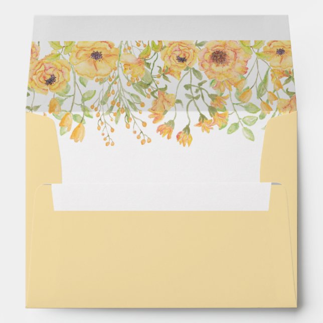 Pastel Yellow Watercolor Floral Spring Wedding Envelope (Back (Bottom))