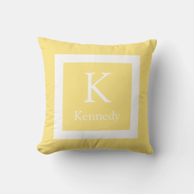 Pastel Yellow White Custom Monogram Name Throw Pillow (Front)