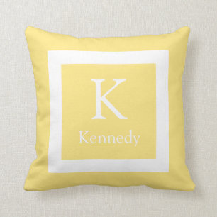 Pastel Yellow White Custom Monogram Name Throw Pillow