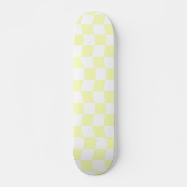 Pastel Yellow White Geometric Chequered Pattern Skateboard (Front)