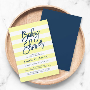 Pastel Yellow & White Stripes Blue Baby Shower Invitation