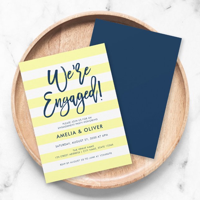 Pastel Yellow White Stripes Blue Engagement Party Invitation (Creator Uploaded)