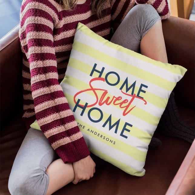 Pastel Yellow White Stripes Blue  Home Sweet Home Throw Pillow (Creator Uploaded)