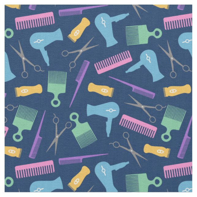 Pastels & Blue Hair Tool Silhouette Pattern Fabric (Close Up)