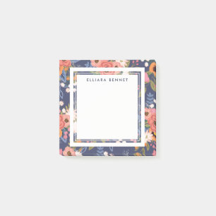 Pastels Dark Blue Boho Floral Pattern Custom Name Post-it Notes