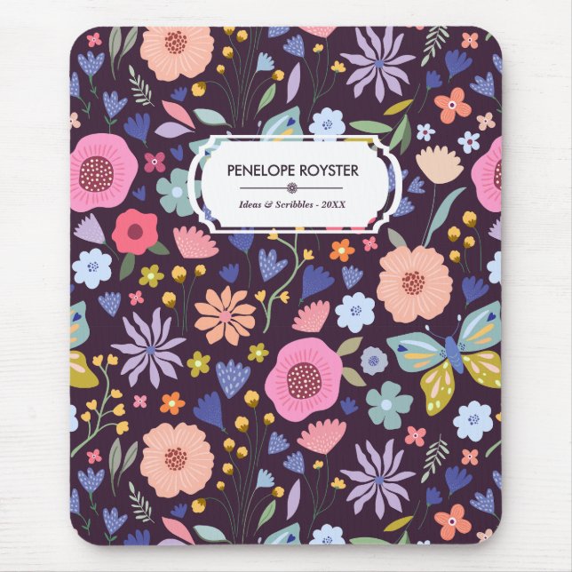 Pastels & Dark Plum Floral Pattern Name Mouse Pad (Front)