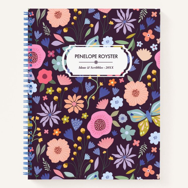 Pastels & Dark Plum Floral Pattern Name Notebook (Front)