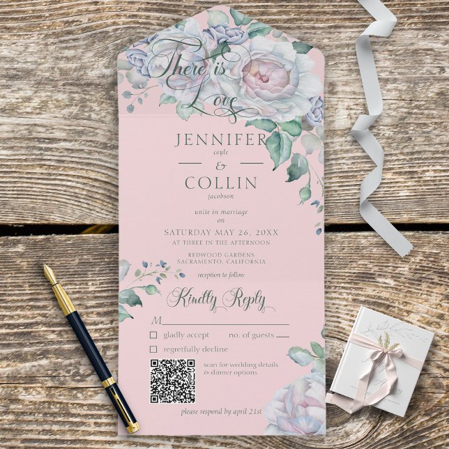 Pastels & White Peonies Floral Pink QR Code  All In One Invitation (Creator Uploaded)