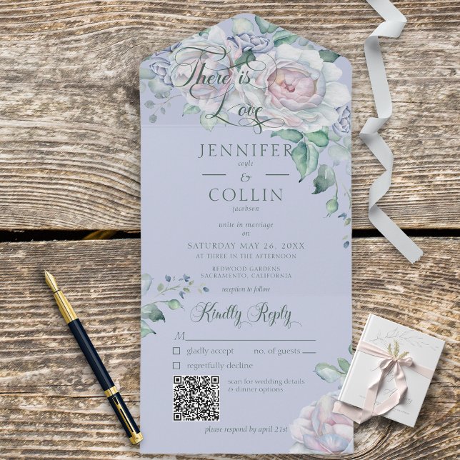 Pastels & White Peonies Peri Floral QR Code All In One Invitation (Creator Uploaded)
