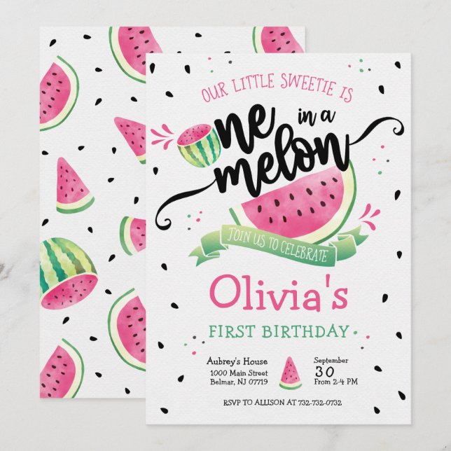 Pastèque rose Première Invitation d'anniversaire (Devant / Derrière)