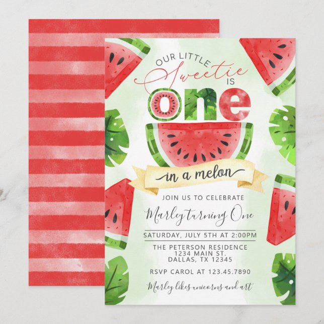 Pastèque tropicale 1er anniversaire Invitation (Devant / Derrière)