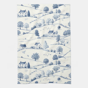 Pastoral Blue Toile Landscape Classic French Kitchen Towel