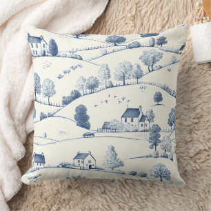 Pastoral Blue Toile Landscape Classic French Throw Pillow