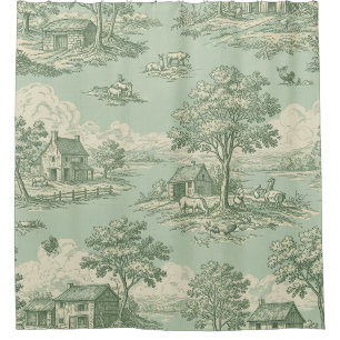 Pastoral Sage Green Toile Countryside Farm Scene 1