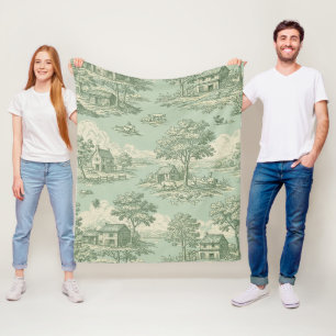 Pastoral Sage Green Toile Countryside Farm Scene 1 Fleece Blanket