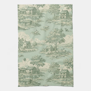Pastoral Sage Green Toile Countryside Farm Scene 1 Kitchen Towel