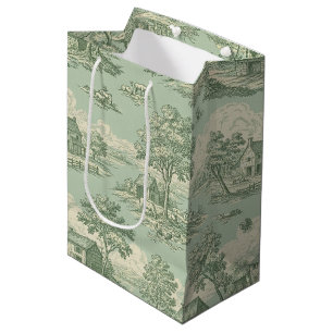 Pastoral Sage Green Toile Countryside Farm Scene 1 Medium Gift Bag