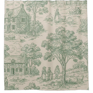 Pastoral Sage Green Toile Countryside Farm Scene 2