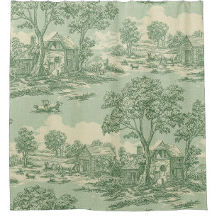 Pastoral Sage Green Toile Countryside Farm Scene 6