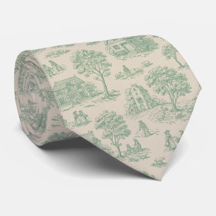 Pastoral Sage Green Toile Countryside Farm Scene 7 Tie