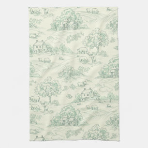 Pastoral Sage Green Toile Countryside Farm Scene 8 Kitchen Towel