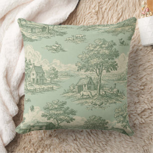 Pastoral Sage Green Toile Countryside Farm Scene Throw Pillow