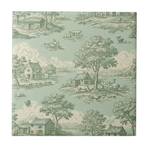 Pastoral Sage Green Toile Countryside Farm Scene Tile