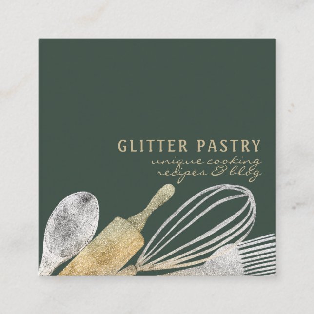 Pastry bakery cook lux sage green gold square business card (Front)