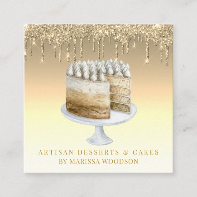 Pastry Chef Baker Platinum Gold Glitter Drips  Square Business Card (Front)