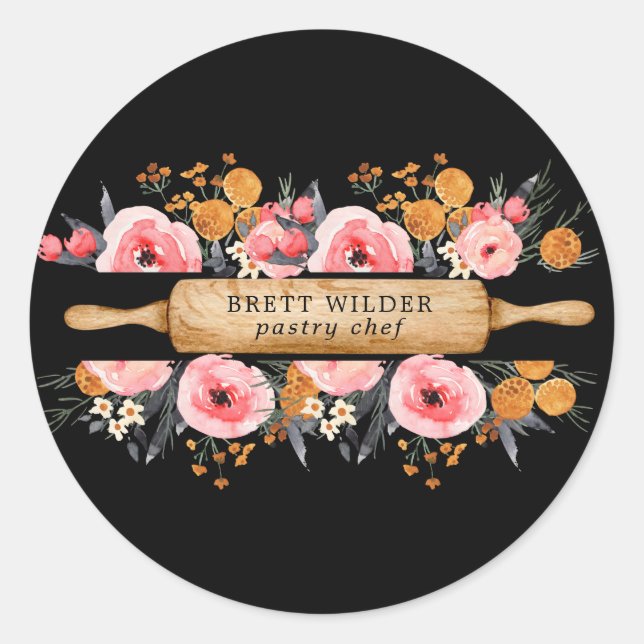 Pastry Chef Baker Rolling Pin Floral Black  Classic Round Sticker (Front)
