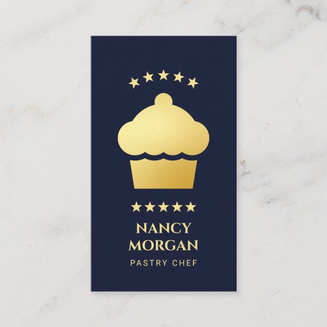 Pastry Chef Bakery Cupcake Navy and Gold Business Card (Front)