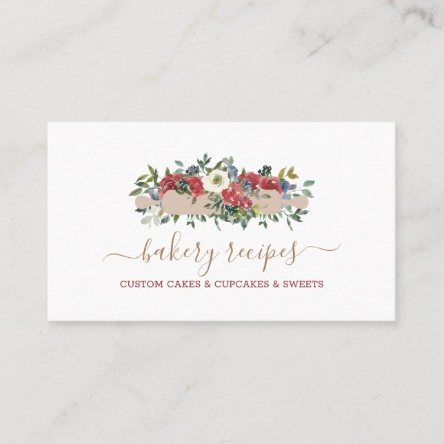 Pastry Chef Homemade Bakery Red Flowers Business Card (Front)