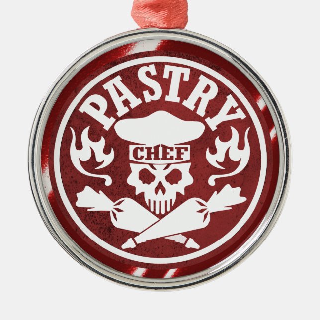 Pastry Chef Skull and Crossed Pastry Bags Red Metal Ornament (Front)