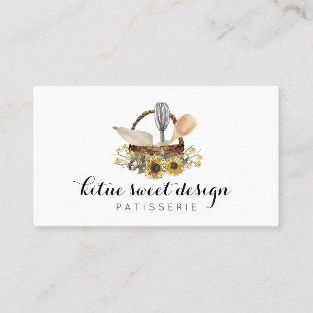Pastry chef Watercolor Handdrawn Sunflower Bakery Business Card (Front)