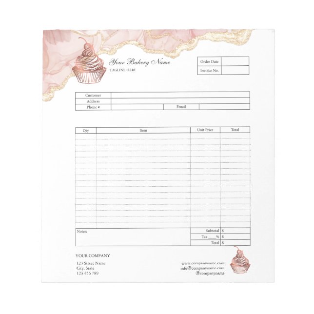 Pastry Cupcake Bakery Order Form Invoice  Notepad (Front)