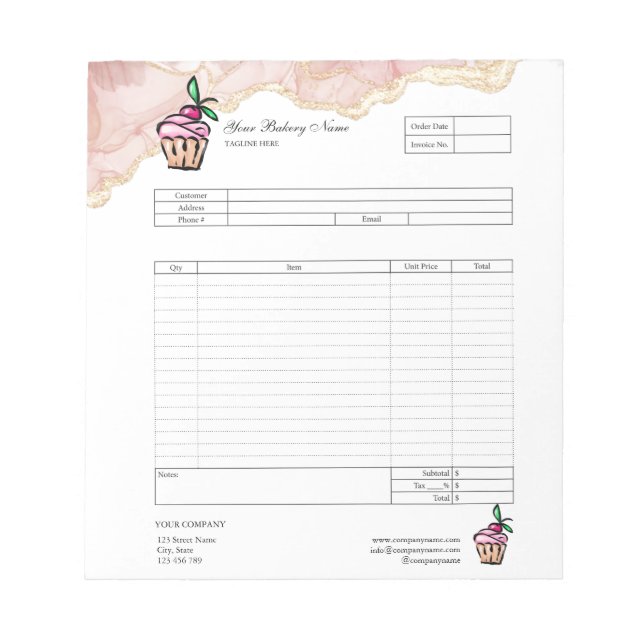 Pastry Cupcake Bakery Order Form Invoice  Notepad (Front)