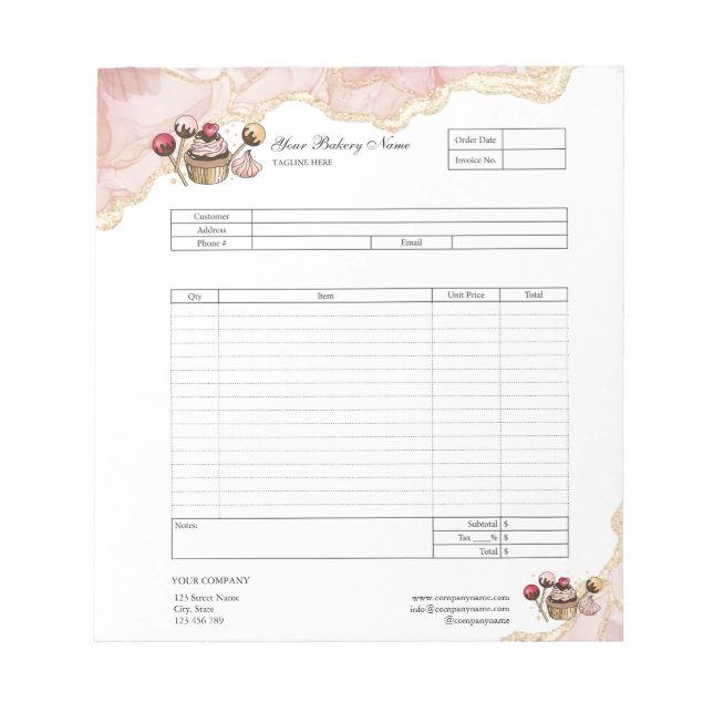 Pastry Cupcake Bakery Order Form Invoice  Notepad (Front)
