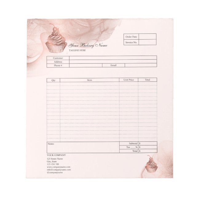 Pastry Cupcake Bakery Order Form Invoice  Notepad (Front)