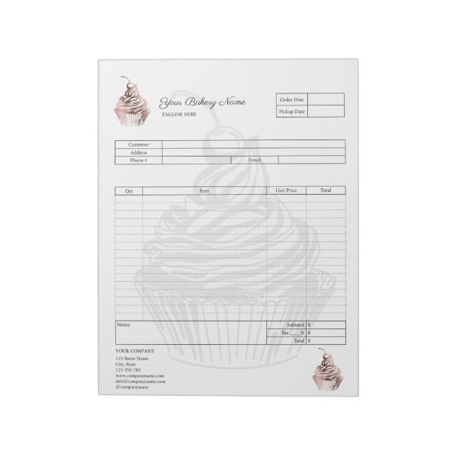 Pastry Cupcake Bakery Order Form Invoice  Notepad (Rotated)