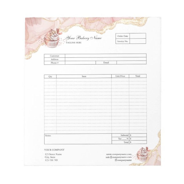 Pastry Cupcake Bakery Order Form Invoice  Notepad (Front)