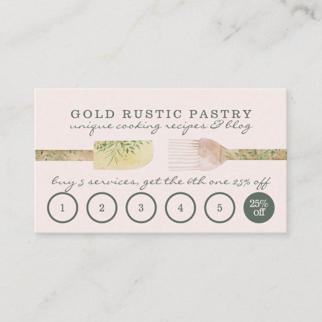 Pastry Rustic pink sage bakery chef loyalty Business Card (Front)